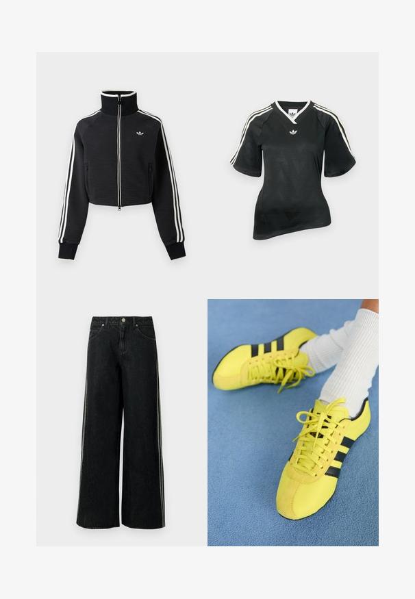 Mustast lühike lukuga jakk kõrge kraega, valgete triipudega varrukatel ja väikese valge Adidas logoga vasakul rinnal.; Mustast spordipluusist T-särk V-kaelusega, lühikeste varrukatega ja tekstuurse chevron-mustriga. Õlgadel valged kolme triibu aktsendid ja logo.; Mustad laia säärega teksapüksid küljeribadega, esist taskutega, vööaasadega ja metallnupuga vöökohtadel sulgemiseks.; Kirkad kollased spordijalatsid mustade triipude ja nööridega; omavad tekstuurset pealisosa ja sametist detaile. Seljas valged ribadega sokid.