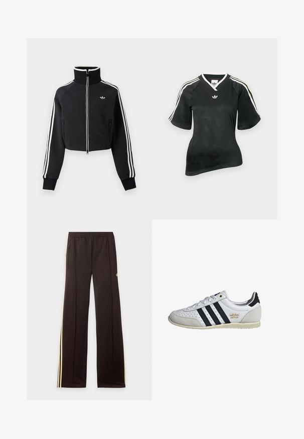 Čierna krátka bunda na zips s vysokým golierom, bielymi pruhmi na rukávoch a malým bielym logom Adidas na ľavej strane hrude.; Čierne športové tričko s výstrihom do V, krátkym rukávom a textúrovaným vzorom chevron. Má biele tri pásikové ozdoby na ramenách a logo.; Čierne tepláky so žltými bočnými pruhmi, elastickým pásom, bočnými vreckami na zips a malým logom na hornej časti stehna.; Biele tenisky s čiernymi pruhmi a zlatým brandingom. Obsahujú semišové a kožené materiály, perforovaný zvršok a textúrovanú gumovú podrážku.
