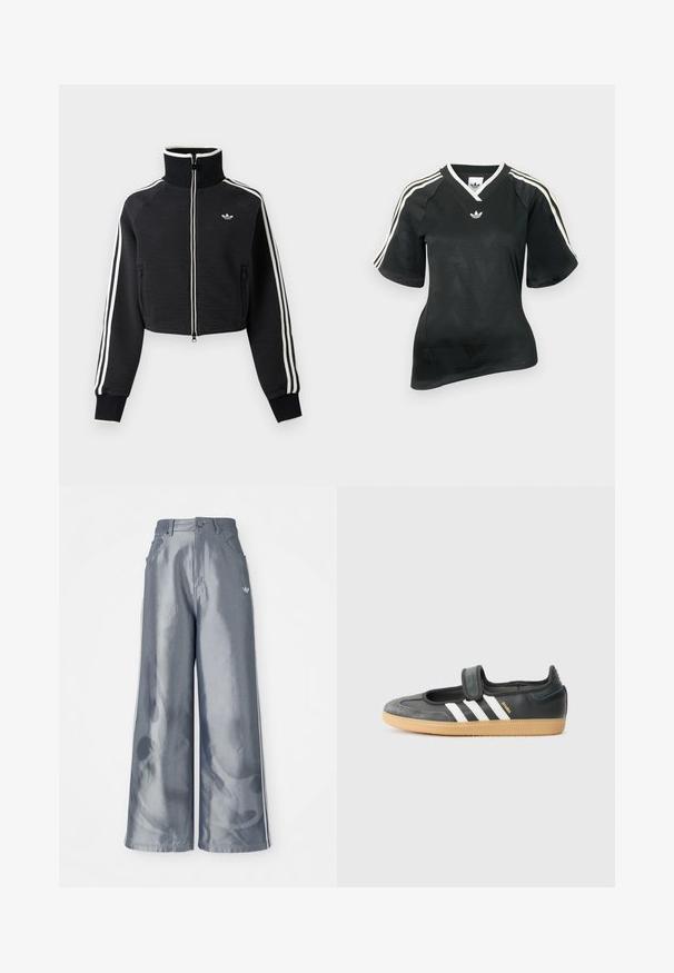 Chaqueta negra corta con cremallera, cuello alto, rayas blancas a lo largo de las mangas y pequeño logo blanco de Adidas en el pecho izquierdo.; Camiseta deportiva negra con escote en V, mangas cortas y patrón de cheurón texturizado. Presenta detalles de tres franjas blancas en los hombros y logo.; Pantalones de pierna ancha en material gris brillante, con rayas laterales blancas y un patrón de llamas en la parte inferior de las piernas. Cierre con botón y cremallera en la cintura.; Zapatilla de deporte de cuero negro y ante con una correa de Velcro, que presenta tres rayas blancas y una suela de goma, etiquetada "SAMBA" en el lateral.