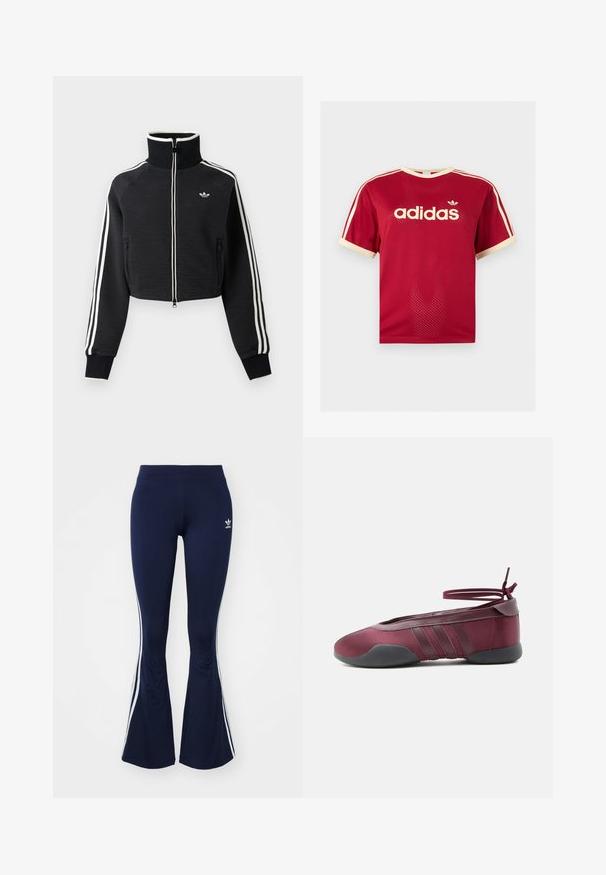Veste courte noire zippée avec col montant, bandes blanches le long des manches et petit logo blanc Adidas sur la poitrine gauche.; T-shirt en mesh rouge Adidas avec un liseré beige sur le col, les manches et les trois bandes aux épaules, avec logo et texte Adidas sur le devant.; Leggings évasés bleu marine en tissu extensible, dotés de rayures blanches sur les côtés et d'un petit logo à l'avant. Texture lisse sur l'ensemble.; Ballerine bordeaux avec semelle noire, brides élastiques à la cheville nouées en nœud, et détails cousus sur les côtés, vue de l'extérieur.