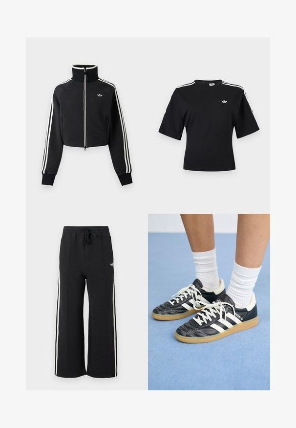 Chaqueta negra corta con cremallera, cuello alto, rayas blancas a lo largo de las mangas y pequeño logo blanco de Adidas en el pecho izquierdo.; Camiseta Adidas negra de manga corta con detalles de tres rayas blancas en los hombros y un pequeño logo blanco de Adidas trefoil en el pecho.; Pantalones deportivos negros de pierna ancha con textura, con franjas blancas en los laterales y cintura elástica con cordón, con un pequeño logo blanco en la cadera.; Zapatillas deportivas de cuero negro con rayas blancas, suela de goma y cordones blancos; costuras detalladas y acentos de logo. Usadas con calcetines blancos acanalados.