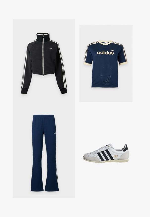 Schwarze, kurze Reißverschlussjacke mit hohem Kragen, weißen Streifen an den Ärmeln und kleinem weißem Adidas-Logo auf der linken Brust.; Marineblaues Adidas Mesh-Kurzarmshirt mit cremefarbenem Besatz, drei cremefarbenen Streifen an den Ärmeln und Adidas-Logo auf der Brust.; Marineblaue, gerippte, ausgestellte Trainingshosen mit weißen Seitenstreifen und einem gestickten Logo auf der linken Seite, ausgestattet mit zwei Seitentaschen.; Weiße Sneaker mit schwarzen Streifen und goldener Markenkennzeichnung. Verfügt über Materialien aus Wildleder und Leder, ein durchlässiges Obermaterial und eine strukturierte Gummisohle.