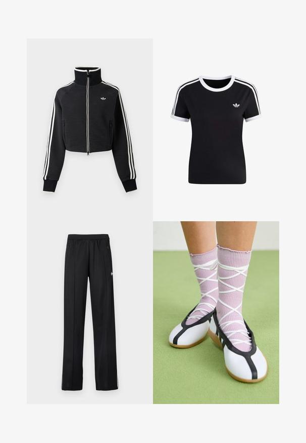 Mustast lühike lukuga jakk kõrge kraega, valgete triipudega varrukatel ja väikese valge Adidas logoga vasakul rinnal.; Must lühikeste varrukatega t-särk valgete detailidega, ümmarguse kaelusega ja kolme valge triibuga kummalgi õlal. Ees rinnal väike logo.; Mustad spordipüksid elastse vöökohaga, külgedel lukkudega taskud, allosas valged triibud ja väike valge logo küljel.; Jalgu ribaga lillasid punutud sokid valgete ristikkäiste rihmadega ning valgete tantsujalatsitega musta äärtega rohelisel põrandal.