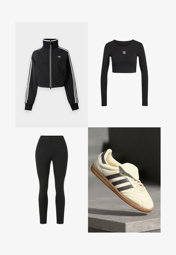 Sort cropped lynlåsjakke med høj krave, hvide striber langs ærmerne og lille hvid Adidas-logo på venstre bryst.; Sort langærmet crop top lavet af ribbet stof med en rund halsudskæring; har et hvidt Adidas-logo centreret på brystet.; Sorte leggings med høj talje. Lavet af strækbart stof, der har en glat tekstur og en tætsiddende silhuet uden synlige sømme.; Cremefarvede lædersneakers med tre mørke striber, en brun gummisål og en afrundet tå. Har en foldbar tunge mærket "SAMBA."