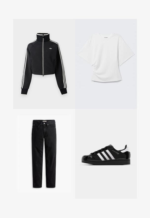 Chaqueta negra corta con cremallera, cuello alto, rayas blancas a lo largo de las mangas y pequeño logo blanco de Adidas en el pecho izquierdo.; Camiseta blanca oversized de manga corta con cuello redondo mostrada sobre un fondo gris claro.; Jeans negros de pierna recta con cierre de botones y cremallera, pasadores para cinturón y bolsillos delanteros y traseros, exhibidos de forma plana sobre un fondo blanco.; adidas Originals SUPERSTAR II - Zapatillas - core black/footwear white/gold metallic