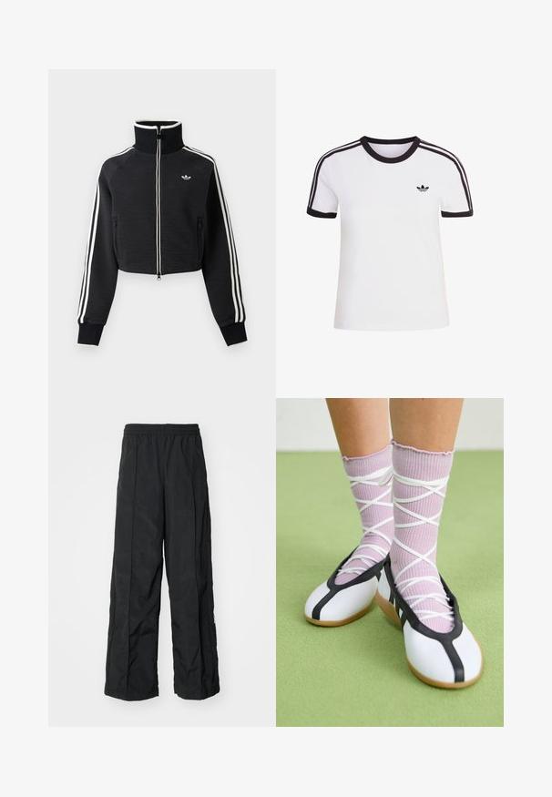 Čierna krátka bunda na zips s vysokým golierom, bielymi pruhmi na rukávoch a malým bielym logom Adidas na ľavej strane hrude.; Biele tričko s krátkym rukávom s čiernymi detailmi, s okrúhlym výstrihom a tromi čiernymi pruhmi na každom ramene. Malé čierne logo na hrudi.; Čierne nohavice s širokými nohavicami a elastickým pásom, ktoré sa vyznačujú hladkou textúrou a bočnými švovými detailmi pre lepší dizajn.; Nohy v rebrovaných levanduľových ponožkách s bielymi krížovými pásmi v kombinácii s bielymi baletnými papučkami s čiernym lemom na zelenej podlahe.