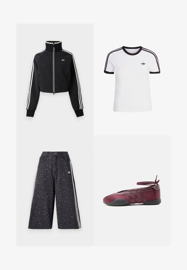 Mustast lühike lukuga jakk kõrge kraega, valgete triipudega varrukatel ja väikese valge Adidas logoga vasakul rinnal.; Valge lühikeste varrukatega T-särk mustade detailidega, ümmarguse kaelusega ja kolme musta triibuga kummalgi õlal. Väike must logo rinnal.; Mustad denim culotte'd, millede leopardimustriga, valgete külgtriipude ja väikese logoga ees. Tavaline talje nupu sulgemisega.; Bordoopunane ballerinarätt musta tallaga, elastsete pahkluurihmadega, mis on seotud lipsuks, ja külgedel õmmeldud detailidega, nähtud välisküljelt.