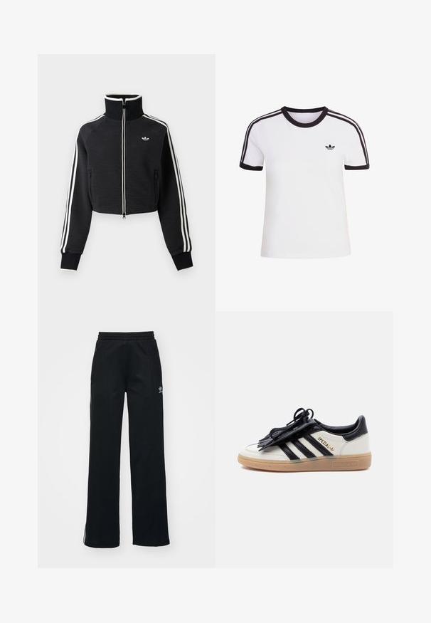 Čierna krátka bunda na zips s vysokým golierom, bielymi pruhmi na rukávoch a malým bielym logom Adidas na ľavej strane hrude.; Biele tričko s krátkym rukávom s čiernymi detailmi, s okrúhlym výstrihom a tromi čiernymi pruhmi na každom ramene. Malé čierne logo na hrudi.; Čierne športové nohavice so voľným strihom, s viazaním v páse, bočnými zipsovými vreckami a diskrétnym bielym logom na ľavej nohe.; Biely a čierny teniska Adidas Spezial s gumovou podrážkou, čiernymi pruhmi a čiernym krytom na šnúrkach na jednoduchom svetlom pozadí.