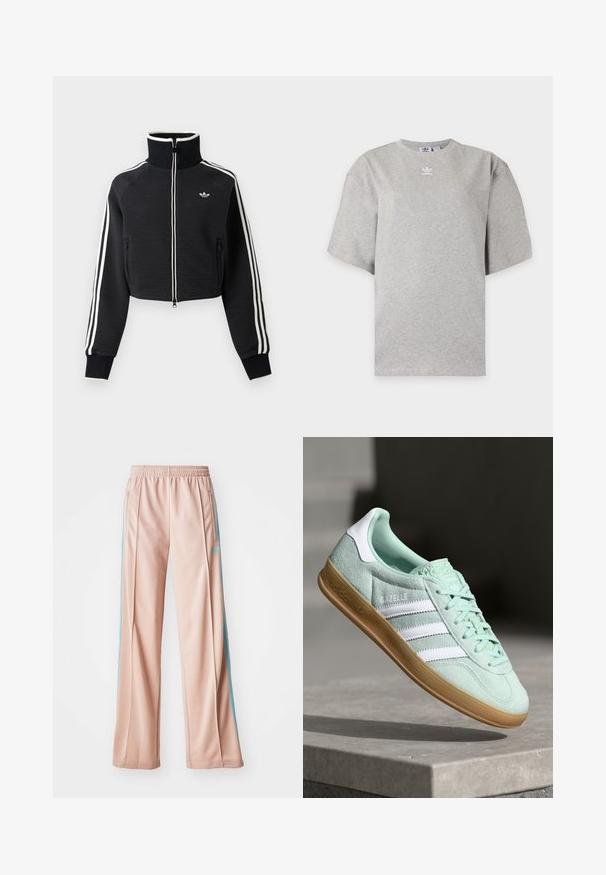 Sort cropped lynlåsjakke med høj krave, hvide striber langs ærmerne og lille hvid Adidas-logo på venstre bryst.; Lysegrå Adidas T-shirt med korte ærmer, rund hals og lille hvid Adidas-logo på brystet, vist på en ensfarvet baggrund.; Lyserøde sportspants med afslappet pasform, der har blå sidestriber og en snoretræk i taljen. Fremstillet af glat, letvægtsstof.; Adidas Gazelle sneakers i mintgrønt ruskind med hvide accenter, snørebåndslukning og en sål i gummigummi. Har tre hvide striber.