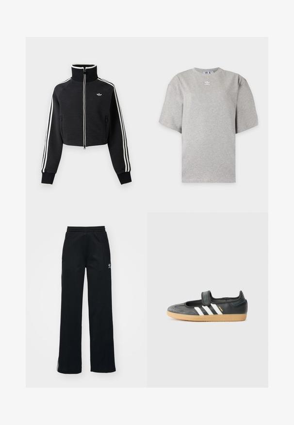 Čierna krátka bunda na zips s vysokým golierom, bielymi pruhmi na rukávoch a malým bielym logom Adidas na ľavej strane hrude.; Svetlosivé tričko Adidas s krátkym rukávom, okrúhlym výstrihom a malým bielym logom Adidas na hrudi, zobrazené na jednoduchom pozadí.; Čierne športové nohavice so voľným strihom, s viazaním v páse, bočnými zipsovými vreckami a diskrétnym bielym logom na ľavej nohe.; Čierne kožené a zamšové tenisky s Velcro pásikom, s tromi bielymi pruhmi a gumenou podrážkou, označené nápisom "SAMBA" na boku.