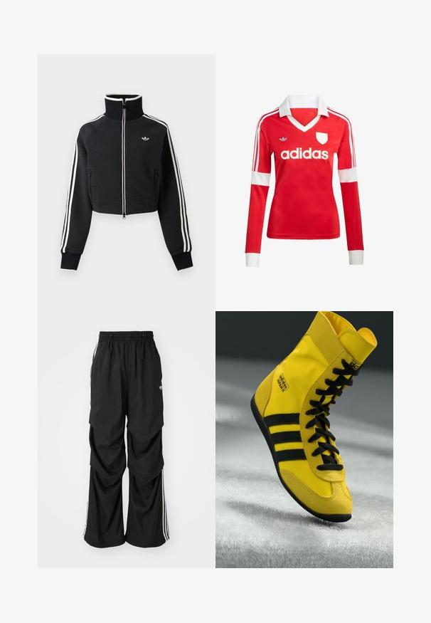 Sort cropped lynlåsjakke med høj krave, hvide striber langs ærmerne og lille hvid Adidas-logo på venstre bryst.; Rød langærmet fodboldtrøje med hvid krave og manchetter. Har tre hvide striber på skuldrene og "adidas" logoet fremtrædende vist.; Sorte løstsiddende bukser med elastisk talje, snøre og hvide sidestriber; lavet af letvægtsstof med en glat tekstur.; Høje sneakers lavet af gult syntetisk materiale, der har sorte snørebånd, tre sorte striber og branding på siden. Struktureret gummisål.