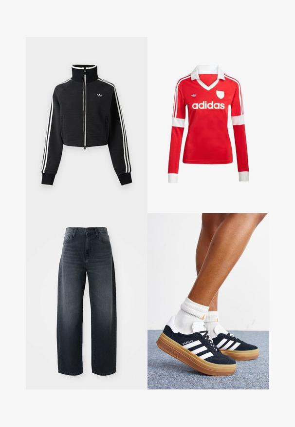 Sort cropped lynlåsjakke med høj krave, hvide striber langs ærmerne og lille hvid Adidas-logo på venstre bryst.; Rød langærmet fodboldtrøje med hvid krave og manchetter. Har tre hvide striber på skuldrene og "adidas" logoet fremtrædende vist.; Vidde bukser i mørk denim med høj talje, klassisk knap- og lynlåslukning, samt subtil falming langs forsiden.; Ben iført hvide sokker og sorte Adidas Gazelle sneakers med hvide striber og tykke brune såler på et gråt tæppe.
