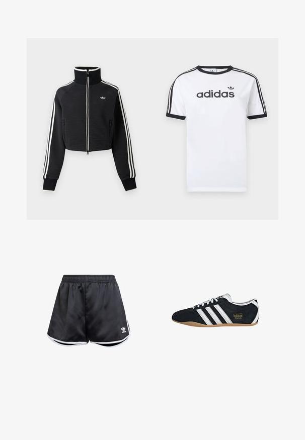 Veste courte noire zippée avec col montant, bandes blanches le long des manches et petit logo blanc Adidas sur la poitrine gauche.; T-shirt en coton blanc avec accents noirs, doté d'un col rond, de manches courtes, de trois bandes noires sur les épaules et du logo "adidas" en noir.; Shorts de sport noirs en matériau synthétique lisse, avec des accents latéraux blancs et un logo brodé en bas à gauche.; Sneakers en suede noir avec trois bandes blanches, logo doré et semelle en caoutchouc marron. Présente un design à lacets à profil bas.