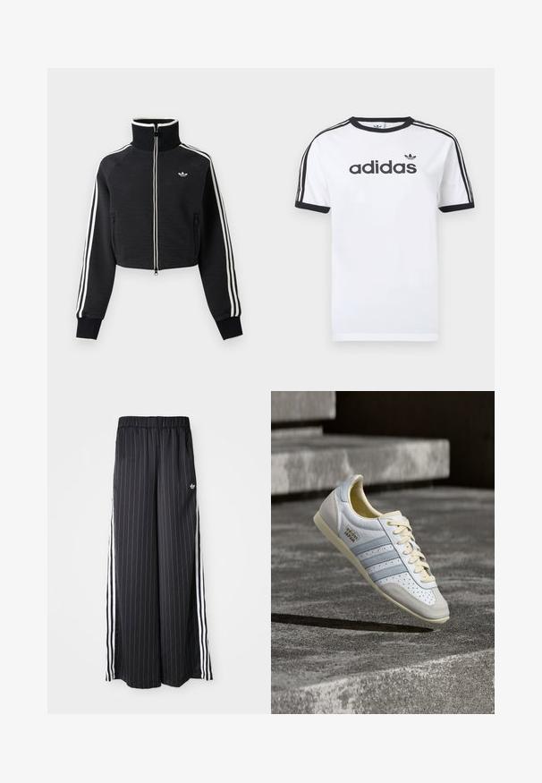 Mustast lühike lukuga jakk kõrge kraega, valgete triipudega varrukatel ja väikese valge Adidas logoga vasakul rinnal.; Valge puuvillane T-särk mustade detailidega, millel on ümara kaelusega, lühikesed varrukad, kolm musta triipu õlgadel ja must "adidas" logo.; Mustad lai jalad püksid vertikaalsete valgete triipudega, elastne vöökoht ja kolm valget triipu külgedel. Adidas logo ees.; Valge ja helesinine tennisking, millel on perforatsioonid, beežid paelad ning tekstureeritud kummist tald. Omab kolme triipu ja kuldset brändingut.