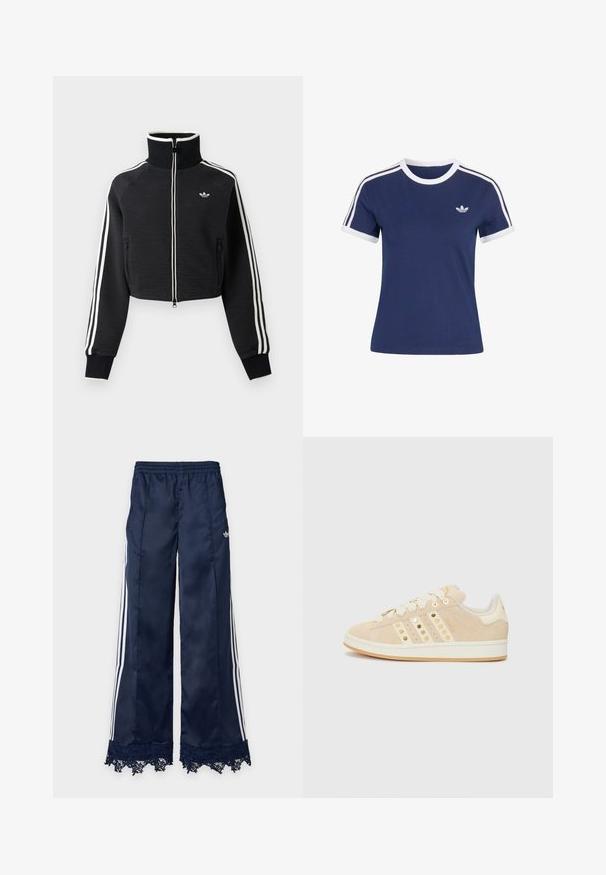Schwarze, kurze Reißverschlussjacke mit hohem Kragen, weißen Streifen an den Ärmeln und kleinem weißem Adidas-Logo auf der linken Brust.; Marineblaue Adidas T-Shirt mit weißem Rundhalsausschnitt, weißen Ärmelbündchen, drei weißen Streifen auf den Schultern und Adidas Trefoil-Logo auf der Brust.; Marineblaue Trainingshose mit weitem Bein, weißen Seitenstreifen, elastischem Bund, adidas-Logo an der Hüfte und Spitzenbesatz am Saum.; adidas Originals CAMPUS 00S W - Sneaker low - sand strata/cream white/gold-coloured