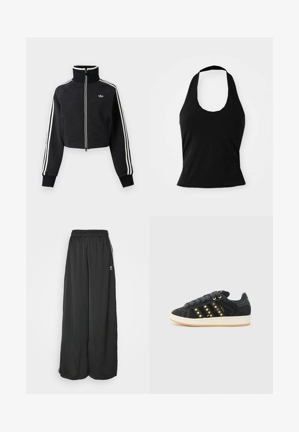 Sort cropped lynlåsjakke med høj krave, hvide striber langs ærmerne og lille hvid Adidas-logo på venstre bryst.; Sort halterneck top lavet af blød stof, med en scoop halsudskæring og en tætsiddende silhuet, med en glat tekstur og uden synlige mønstre.; Sorte løstsiddende træningsbukser lavet af glat stof. Har en elastisk talje og sidelogsstriber med logoaccents.; adidas Originals CAMPUS 00S W - Sneakers - core black/carbon/gold-coloured
