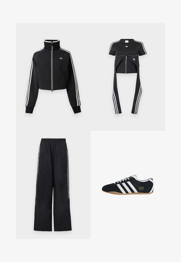 Chaqueta negra corta con cremallera, cuello alto, rayas blancas a lo largo de las mangas y pequeño logo blanco de Adidas en el pecho izquierdo.; Top negro de manga corta con rayas blancas de Adidas en las mangas, detalle de cremallera en el frente y paneles de tela extendidos colgando con tres rayas blancas.; Pantalones de chándal negros de pierna ancha con cinturilla elástica y tres rayas blancas a cada lado de cada pierna.; Zapatillas de ante negro con tres franjas blancas, logotipo dorado y suela de goma marrón. Presentan un diseño de cordones de perfil bajo.