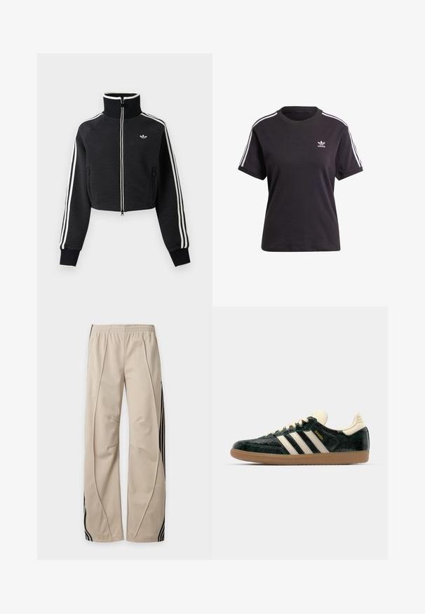 Melna īsa jaka ar rāvējslēdzēju un augstu apkakli, baltas svītras gar piedurknēm un neliels balts Adidas logotips uz kreisās krūtīs.; Melnas Adidas īsroku krekls ar baltām trīskāršām svītrām plecos un mazu baltu Adidas logotipu kreisajā krūtīs.; Bēšas sporta bikses ar elastīgu jostu un melnām vertikālām svītrām gar kāju ārējām pusēm.; adidas Originals SAMBA OG - Treniņu apavi - cream white/collegiate green