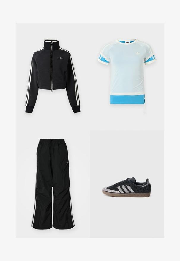 Veste courte noire zippée avec col montant, bandes blanches le long des manches et petit logo blanc Adidas sur la poitrine gauche.; T-shirt de sport bleu clair avec des accents blancs et des panneaux latéraux bleus. Il présente un col rond et des manches courtes, fabriqué dans un tissu lisse.; Pantalons coupe-vent noirs avec une taille élastique, cordon de serrage, rayures blanches sur les côtés, coupe loose, arborant un petit logo sur le côté gauche.; Baskets noires avec des accents argentés étincelants et trois bandes blanches. Comprend un design bas, une tige texturée et une semelle en caoutchouc marron.