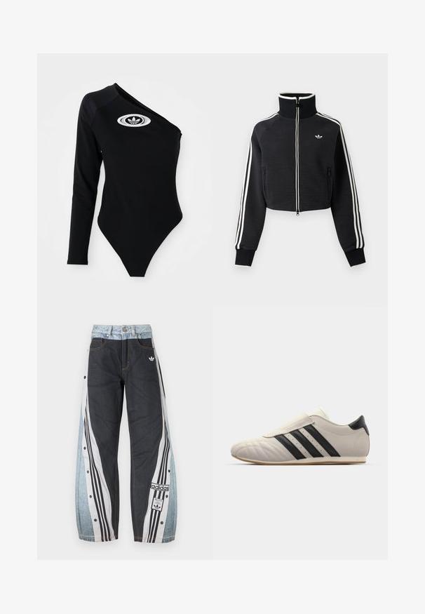 Mustast lühike lukuga jakk kõrge kraega, valgete triipudega varrukatel ja väikese valge Adidas logoga vasakul rinnal.; Mustem pikad varrukad bodysuit ühe õla kujundusega, ribakujuline tekstuur ja valge Adidas logo rinnal. Kehasse liibuv vorm ja minimaalsed aktsendid.; Kahetonkollased Adidas treeningpüksid koos musta esipaneelide, valgete ja mustade triibuliste külgpaneelide, klõpskinnitustega ja logomärgistega paremal jalal.; Heled hallid tenniseketid mustade triipudega, ümmarguse varbaga, sileda nahkpealsega, klõpsuga rihmaga ja kummist tallaga.