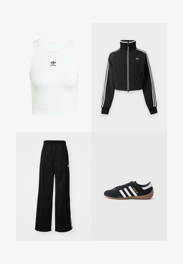 Musta lyhyt vetoketjullinen takki, jossa korkea kaulus, valkoiset raidat hihoissa ja pieni valkoinen Adidas-logo vasemmassa rinnassa.; Valkoinen puuvillainen tanktoppi, jossa on tiukka ribbitettu rakenne, pyöreä pääntie ja edessä brodeerattu musta Adidas-logo.; Musta leveälahkeinen treenihousut, jossa on elastinen vyötärö, valkoiset sivutossut ja pieni logo vasemmassa lonkassa. Silkkinen kangastunne.; Musta mokkanahkainen tennari, jossa on kolme valkoista raitaa, kumipohja ja pieni kultainen logo sivulla. Siinä on sileä musta sisävuori.