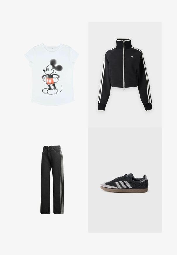 Sort cropped lynlåsjakke med høj krave, hvide striber langs ærmerne og lille hvid Adidas-logo på venstre bryst.; Hvid t-shirt med korte ærmer, der har et grafisk motiv af Mickey Mouse, illustreret i sort og rød med overdimensionerede ører og runde sko.; Sorte straight-leg jeans med knap- og lynlås-lukning, forlommer og tre grå vertikale striber langs ydersiderne.; Sort sneaker med glitrende sølvdetaljer og tre hvide striber. Har en lavt skåret model, tekstureret overdel og brun gummisål.