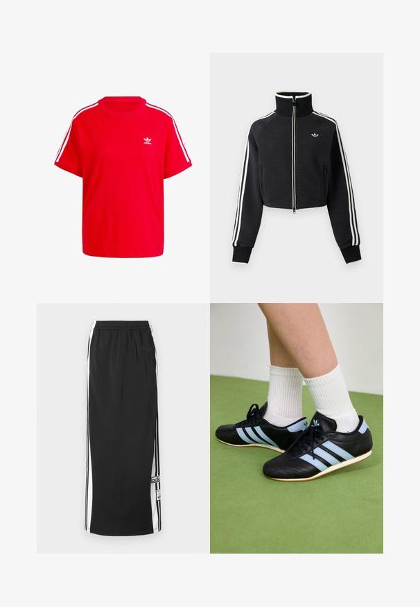 Čierna krátka bunda na zips s vysokým golierom, bielymi pruhmi na rukávoch a malým bielym logom Adidas na ľavej strane hrude.; Červené bavlnené tričko s okrúhlym výstrihom, krátkymi rukávmi, bielymi trojprúžkovými akcentmi na pleciach a malým bielym logom na hrudi.; Čierna dlhá športová sukňa s bielymi bočnými panelmi a čiernymi pruhmi, elastickým pásom a nášivkou s logom Adidas pri spodnom okraji.; Čierne kožené športové topánky so svetlomodrými pruhmi, textúrovanými zvrškom a gumovou podrážkou, v kombinácii s bielymi rebrovanými ponožkami na zelenej podlahe.