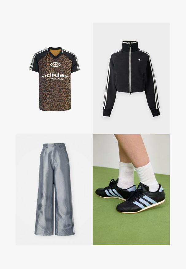 Sort cropped lynlåsjakke med høj krave, hvide striber langs ærmerne og lille hvid Adidas-logo på venstre bryst.; adidas Originals LEO PRINT SATIN - T-shirts print - multicolor bronze strata; Bredde benbukser i skinnende grå materiale med hvide sidelookstriber og et flammemønster på underbenene. Knap- og lynlåslukning i taljen.; Sorte lædersportssko med lyseblå striber, teksturerede overdele og gummisko, parret med hvidt ribbet sokker på grønne gulve.