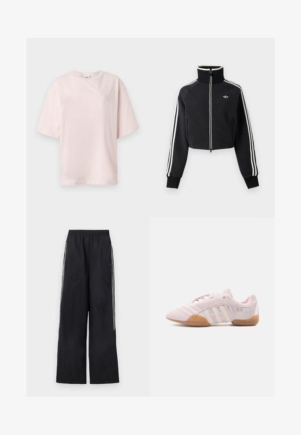 Zwarte cropped jas met rits en hoge kraag, witte strepen langs de mouwen en klein wit Adidas-logo op de linkerborst.; Lichtroze T-shirt met korte mouwen, ronde hals en subtiel geborduurd Adidas-logo op de linker bovenborst.; Zwarte, wijduitlopende trainingsbroek met elastische tailleband en drie witte strepen aan elke zijkant van de pijpen.; Lichtroze suède sneaker met witte strepen, rubberen zool en getextureerde zijpanelen, gezien vanaf de binnenkant op een witte achtergrond.
