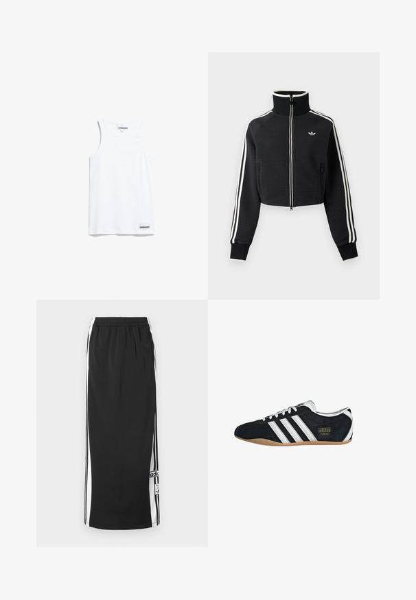 Zwarte cropped jas met rits en hoge kraag, witte strepen langs de mouwen en klein wit Adidas-logo op de linkerborst.; Witte tanktop gemaakt van katoen. Voorzien van brede schouderbanden en een ronde halslijn. Inclusief een klein merkje aan de onderkant links.; Zwarte lange sportieve rok met witte zijpanelen en zwarte strepen, elastische tailleband en Adidas logo patch nabij de onderzoom.; Zwarte suède sneaker met witte drie strepen, gouden logo en een bruine rubberen zool. Heeft een laag profiel vetersluiting ontwerp.