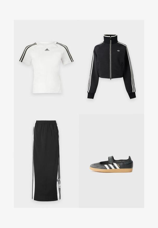 Chaqueta negra corta con cremallera, cuello alto, rayas blancas a lo largo de las mangas y pequeño logo blanco de Adidas en el pecho izquierdo.; Camiseta atlética de manga corta blanca con diseño de tres rayas negras en los hombros, textura suave y un pequeño logo de adidas en negro en el pecho.; Falda deportiva larga negra con paneles laterales blancos y franjas negras, cintura elástica y parche con el logo de Adidas cerca del dobladillo inferior.; Zapatilla de deporte de cuero negro y ante con una correa de Velcro, que presenta tres rayas blancas y una suela de goma, etiquetada "SAMBA" en el lateral.