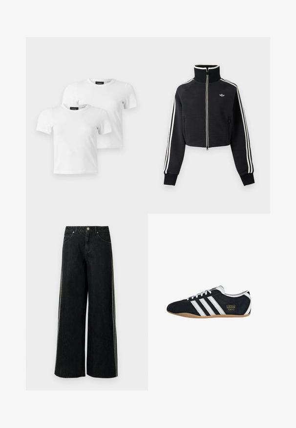 Sort cropped lynlåsjakke med høj krave, hvide striber langs ærmerne og lille hvid Adidas-logo på venstre bryst.; To enkle hvide T-shirts med korte ærmer og rund hals med JJXX mærke-etiketter vist på en lys grå baggrund.; Sorte vidde denimjeans med sidelommer, forlommer, bæltestropper og en metal lynlås ved taljen.; Sort ruskinds sneaker med hvide tre striber, guldlogo og en brun gummisål. Har et lavprofil snørebåndsdesign.