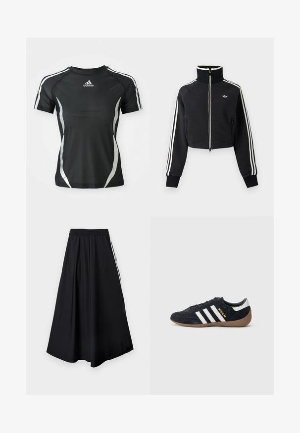 Mustast lühike lukuga jakk kõrge kraega, valgete triipudega varrukatel ja väikese valge Adidas logoga vasakul rinnal.; Mustad mustade lühikeste varrukatega Adidas sportpoliisik, millel on valged triibud õlgadel ja hõbedased kaarjad aktsendid külgedel.; Mustad laia lõikega püksid kummiga vöökohal ja valgete küljeribadega, esitatud tühjal valgel taustal.; Mustast seemisest vabaajajalats, millel on kolm valget triipu, kummisest tallast ja küljele kinnitatud väike kuldne logo. Siseküljel on sile must vooder.