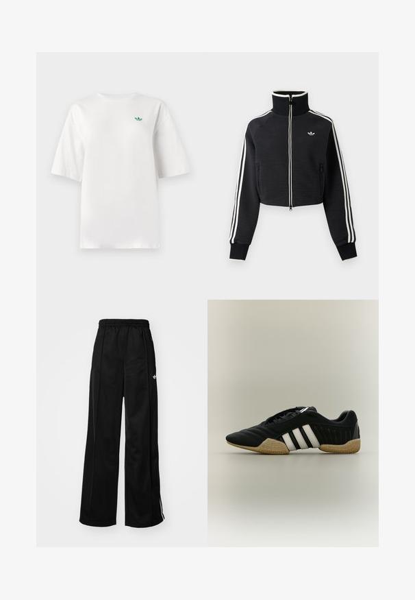 Sort cropped lynlåsjakke med høj krave, hvide striber langs ærmerne og lille hvid Adidas-logo på venstre bryst.; Hvid t-shirt lavet af bomuld, med korte ærmer og rund hals. Et lille grønt logo er placeret på venstre brystområde.; Sorte brede træningsbukser med elastisk talje, prydet med hvide side-striber og et lille logo på venstre hofte. Glat stofstruktur.; Sort atletiksko med hvide striber og beige tekstureret sål på en neutral baggrund, vist i sideprofil.
