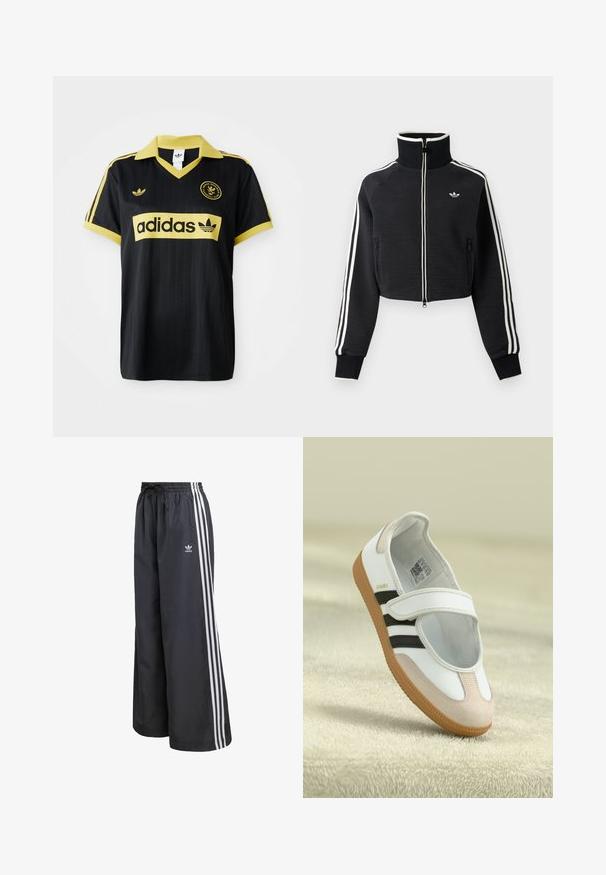 Čierna krátka bunda na zips s vysokým golierom, bielymi pruhmi na rukávoch a malým bielym logom Adidas na ľavej strane hrude.; Čierny športový dres s žltými akcentmi, s pruhovaným dizajnom, v golieri vo forme písmena V a s logom adidas zreteľne zobrazeným na hrudi.; Čierne športové nohavice z ľahkého materiálu, s tromi bielymi vertikálnymi pruhmi a elastickým pásom so sťahovacou šnúrkou.; Biele topánky s ružovým semišovým špičkou, čiernymi pruhmi a suchým zipsom. Majú hnedú gumovú podrážku a logo po boku.