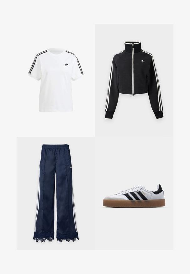Zwarte cropped jas met rits en hoge kraag, witte strepen langs de mouwen en klein wit Adidas-logo op de linkerborst.; Witte katoenen t-shirt met korte mouwen, een ronde hals en zwarte verticale strepen op de schouders, met een klein zwart logo op de borst.; Marineblauwe trainingsbroek met wijde pijpen, witte zijstrepen, elastische tailleband, adidas-logo op de heup en kantafwerking aan de zoom.; Witte leren sneakers met zwarte strepen, gumrubberen buitenzool, ronde neus, vetersluiting en een zachte grijze suède neuskap.
