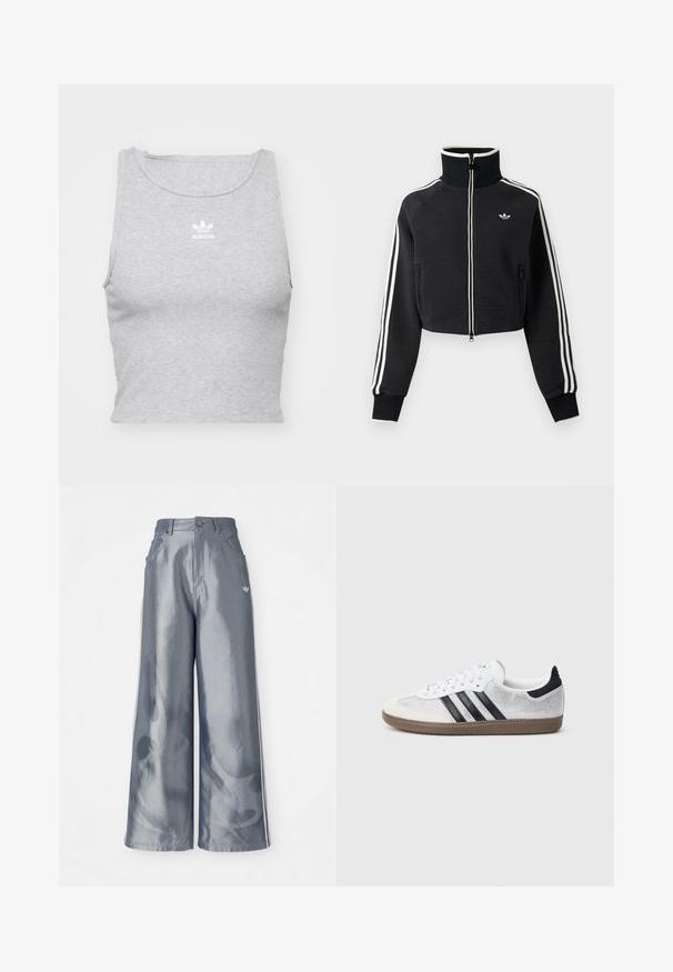 Čierna krátka bunda na zips s vysokým golierom, bielymi pruhmi na rukávoch a malým bielym logom Adidas na ľavej strane hrude.; Šedý, bezrukávový crop top vyrobený z jemnej látky, s okrúhlym výstrihom a malým bielym logom Adidas na hrudi.; Široké nohavice z lesklého šedého materiálu, s bielymi bočnými pruhmi a plamenným vzorom na dolnej časti nohavíc. Zapínanie na gombík a zips v páse.; Biele sieťované tenisky s čiernymi pruhmi, béžovým semišovým špičkovým a pätovým detailom, textúrovanou gumovou podrážkou a bielymi šnúrkami. Klasický nízky strih.