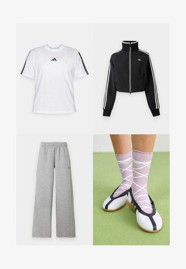 Čierna krátka bunda na zips s vysokým golierom, bielymi pruhmi na rukávoch a malým bielym logom Adidas na ľavej strane hrude.; Biela bavlnená tričko s okrúhlym výstrihom, krátkymi rukávmi a čiernymi trojprúžkovými akcentmi na pleciach so značkou Adidas na hrudi.; Svetlosivé široké teplákové nohavice s elastickým pásom a malým čiernym logom Adidas na pravom stehne.; Nohy v rebrovaných levanduľových ponožkách s bielymi krížovými pásmi v kombinácii s bielymi baletnými papučkami s čiernym lemom na zelenej podlahe.