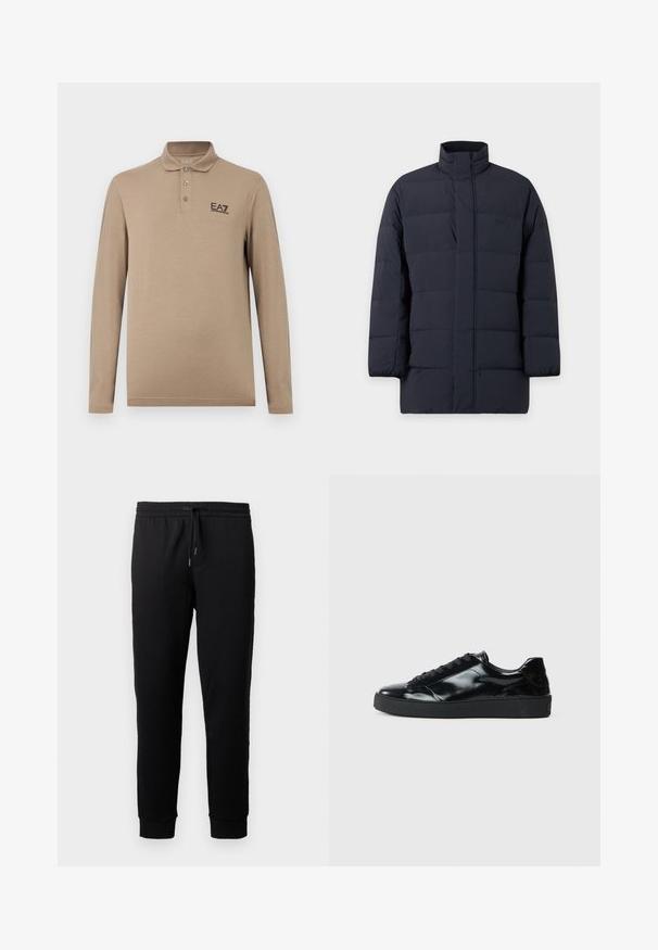 Manteau d’hiver matelassé bleu marine foncé avec col haut et fermeture éclair devant, conçu pour la chaleur et la protection contre le froid.; Polo beige à manches longues avec trois boutons et un petit logo noir "EA7 Emporio Armani" sur le côté gauche de la poitrine.; Pantalons de jogging noirs en tissu doux avec une taille élastique et un cordon de serrage. Présente des jambes fuselées avec des poignets côtelés.; Baskets en cuir verni noir avec un bout arrondi, un laçage, une semelle en caoutchouc texturé et une finition lisse.