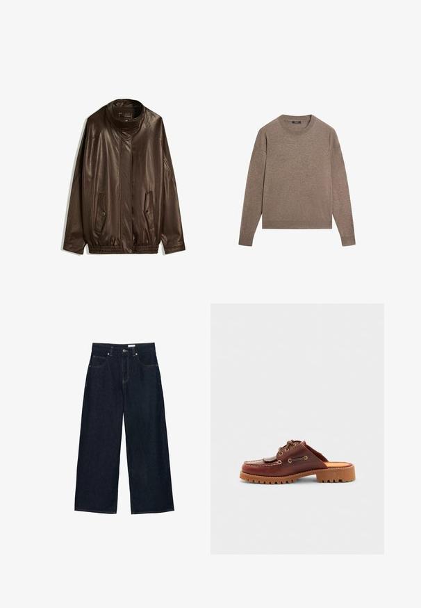 Brun læderjakke med høj krave, sidelommer og elastisk afslutning. Glat tekstur med en let glinsende overflade.; Langærmet crewneck-sweater i lysebrunt strikket stof med ribbet manchet og kant, vist på en ensfarvet hvid baggrund.; Bredbenede mørk denimjeans med høj talje, der har fem lommer, kontrastsyninger og lukning med knap foran.; Brun læderslipsko i mokkasin-stil med dekorative snørebånd, guldøjer og en tekstureret gummisål.