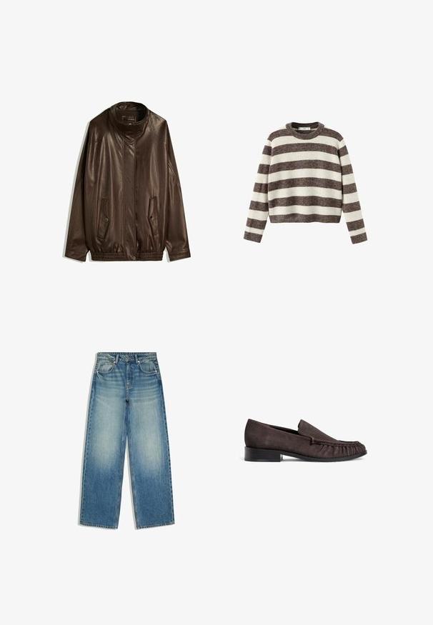 Brun læderjakke med høj krave, sidelommer og elastisk afslutning. Glat tekstur med en let glinsende overflade.; Stripet pullover sweater i creme og mørkebrun. Ribstrikket rund hals, lange ærmer og en kortet kant. Blød tekstur med en afslappet pasform.; Blå jeans med vid ben, falmet front, fem-lomme design, bæltestropper og knaplukning.; Brune ruskinds loafers med en lav sort hæl og samlet detaljering foran. Glat tekstur, rund tå og minimalistisk design.