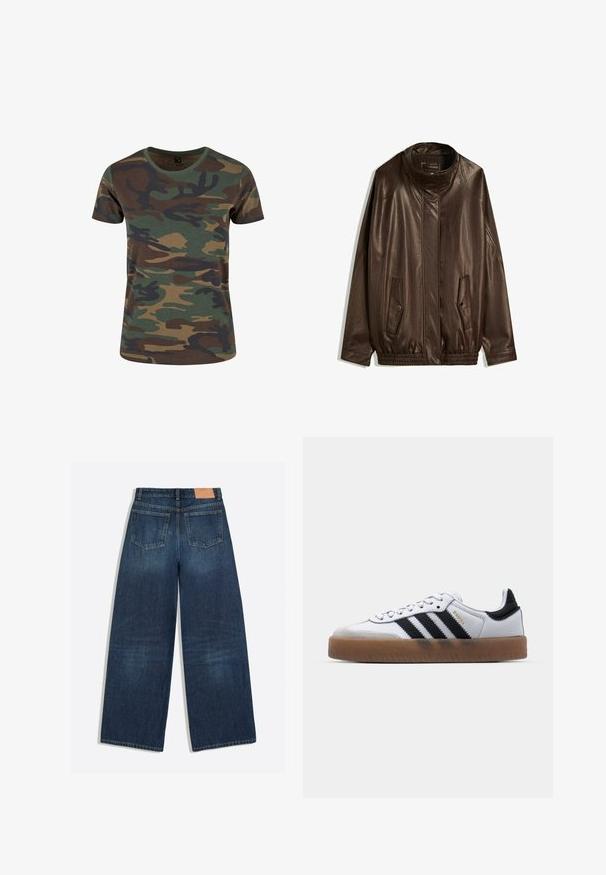 Brun læderjakke med høj krave, sidelommer og elastisk afslutning. Glat tekstur med en let glinsende overflade.; Kamuflage T-shirt i grøn, brun og sort. Kortærmet, rund halsudskæring, blød tekstur og klassisk pasform med et mønster af organiske former.; Mørkeblå vidbenede denimjeans med to baglommer og et brunt læderbrandmærke i linningen.; Hvide lædersneakers med sorte striber, gummirubber sål, rund tå, snørelukning og blød grå ruskinds tåhætte.