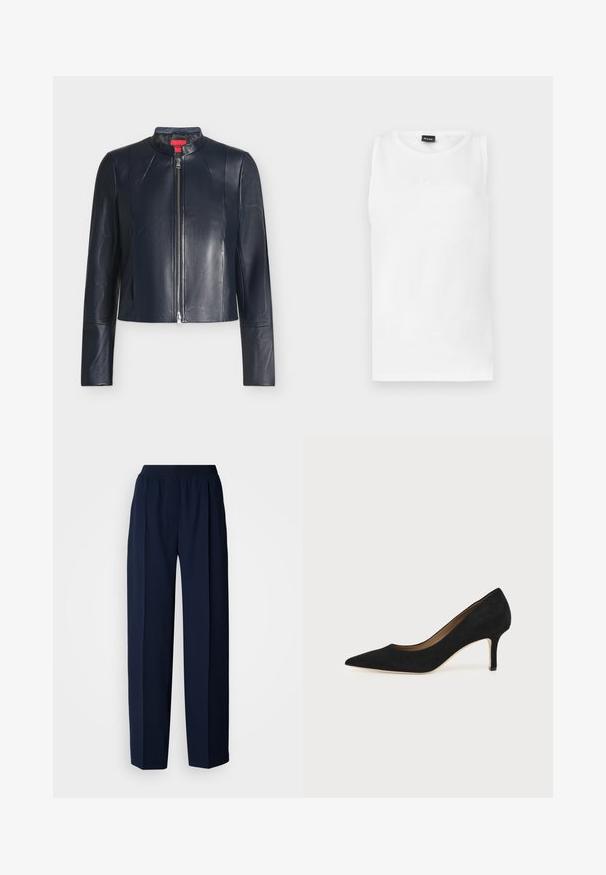 Veste en cuir noire avec fermeture éclair frontale, col montant, manches longues et coupe ajustée sur un fond clair uni.; Débardeur blanc sans manches avec encolure ronde et petit logo embossé centré sous l'encolure.; Pantalon droit bleu marine avec taille élastique et pli avant, présenté sur un fond blanc uni.; Escarpin en daim noir à bout pointu avec un talon stiletto fin de hauteur moyenne et un design à coupe basse sur un fond uni.