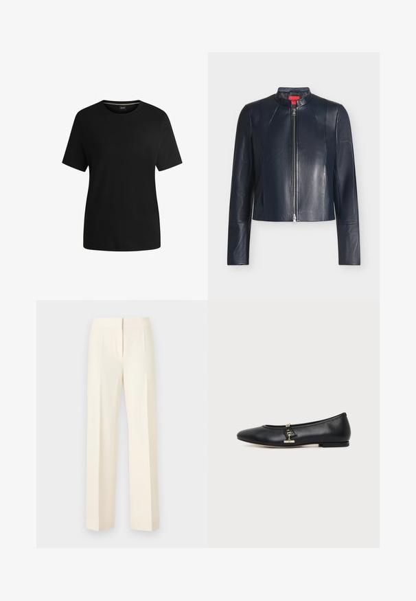 Sort læderjakke med frontlynlås, høj krave, lange ærmer og tætsiddende design på en ensfarvet lys baggrund.; Sort kortærmet t-shirt lavet af blødt bomuld, med rund hals og en glat tekstur. Enkel design uden mønstre eller detaljer.; Kremhvide skræddersyede bukser med lige ben, frontbøjle, linning og skjult lukning foran mod en ensfarvet baggrund.; Sort læder flad sko med rundet tå og lille guldlåsdetalje på siden, vist på en ensfarvet lys baggrund.