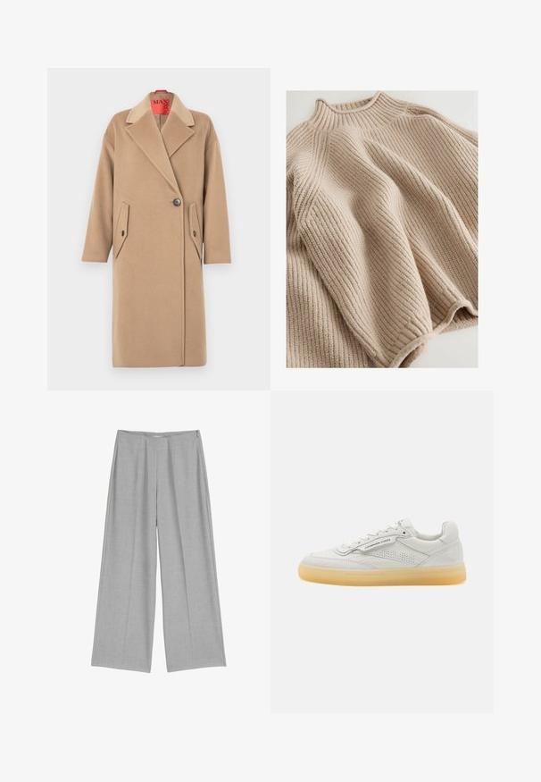 Beige uldfrakke med hakket krave, enkelt knaplukning og to skrå lommer med lapper. Blød tekstur, lige silhuet.; Strikket sweater i lys beige med en ribbestrikket tekstur, udstyret med en høj krave og en bred, afslappet silhuet. Markeret med en struktureret syning.; Lys grå bredbenede bukser med en plisseret front, der har en glat tekstur og en diskret sidelukning med lynlås.; Hvide lædersneakers med perforerede detaljer, rund tå og cremefarvet gummisål. Har tonalt syning og et minimalistisk design.