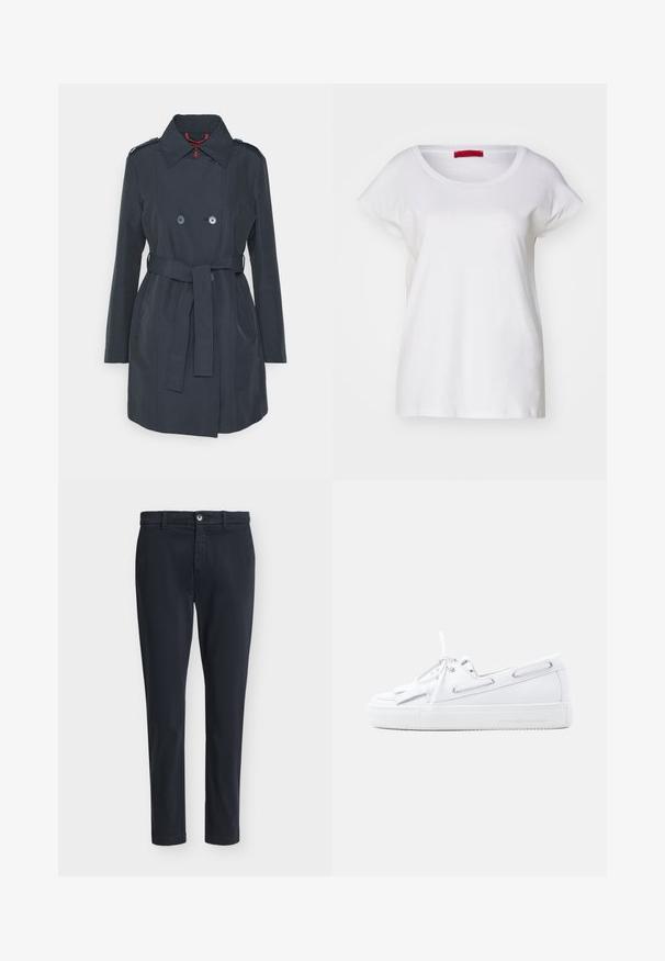 Trench-coat bleu marine en tissu léger, avec un design à double boutonnage, une taille ceinturée et des épaulettes.; MAX&Co. MALDIVE - T-shirt basique - weiss; Pantalon décontracté slim fit pour homme en bleu marine foncé avec fermeture à boutons et passants pour ceinture, présenté sur un fond gris clair uni.; Chaussure bateau en cuir blanc avec laçage à l'avant, œillets sur les côtés, détail pompon et semelle en caoutchouc plate sur un fond clair uni.