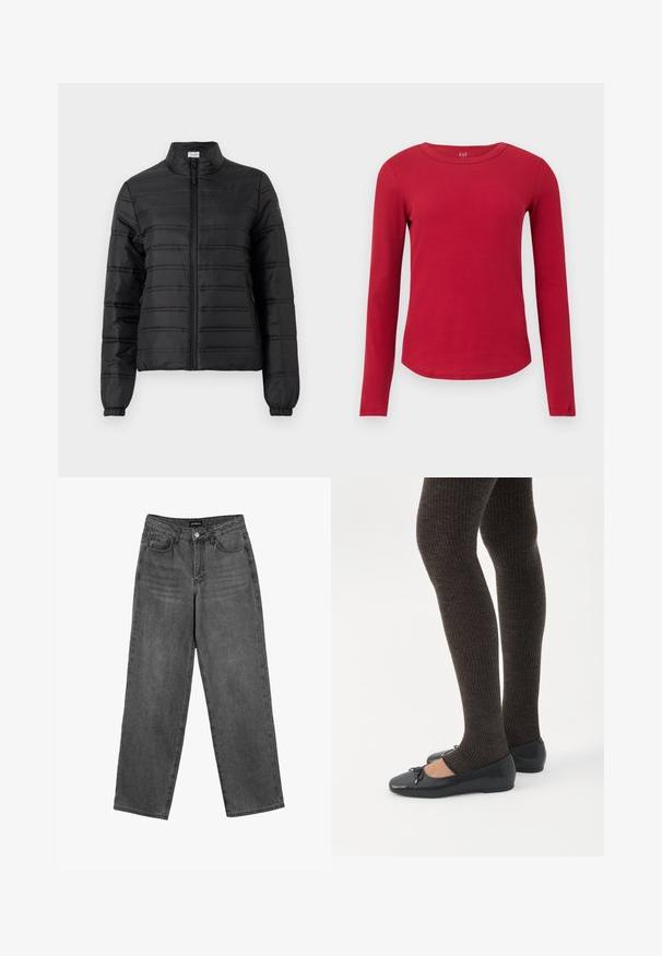 Zwarte doorgestikte jas met rits en hoge kraag, elastische manchetten, zijzakken en horizontale stiksels op mouwen en lichaam.; Rood geribd shirt met lange mouwen, ronde hals, een afgeronde zoom, een getailleerd silhouet en een GAP-label aan de binnenkant van de kraag.; Zwarte high-waisted straight-leg jeans met een knoop aan de voorkant en zakken, weergegeven op een witte achtergrond.; Benen met donkere geribbelde leggings gecombineerd met zwarte ballerina's met kleine strikdetails op een witte achtergrond.