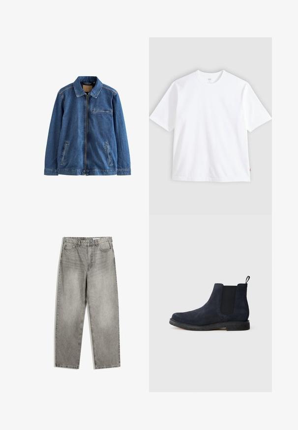 Blaue Jeansjacke mit einem Reißverschluss, Kragen und zwei Seitentaschen. Verfügt über eine Brusttasche, Kontrastnähte und ein strukturiertes Gewebe.; Weißes kurzärmeliges T-Shirt aus Baumwolle mit Rundhalsausschnitt und geradem Schnitt. Etikett sichtbar am unteren Seiten Saum.; Graue Denim-Hosen mit geradem Schnitt, ausgestattet mit Fronttaschen, einem Knopfverschluss und subtilen verblassten Texturen.; Navyblaue Wildleder-Chelsea-Boots mit schwarzem elastischem Seitenpanel, Zuglasche an der Ferse und schwarzer Gummisohle auf einem weißen Hintergrund.
