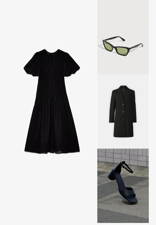 Abrigo negro hecho de una tela texturizada con solapas de muesca, diseño de un solo pecho, tres botones y bolsillos laterales.; Vestido midi negro con una tela texturizada, mangas abullonadas y un cuerpo fruncido que se despliega en una falda amplia. Escote suave.; Sandalia negra de piel con punta abierta, tira en el tobillo y tacón bajo tipo bloque flotando sobre el asfalto cerca de una pared revestida de azulejos.; Gafas de sol negras estilo ojos de gato con lentes tintadas en verde y detalles plateados en las monturas, colocadas sobre una superficie clara.