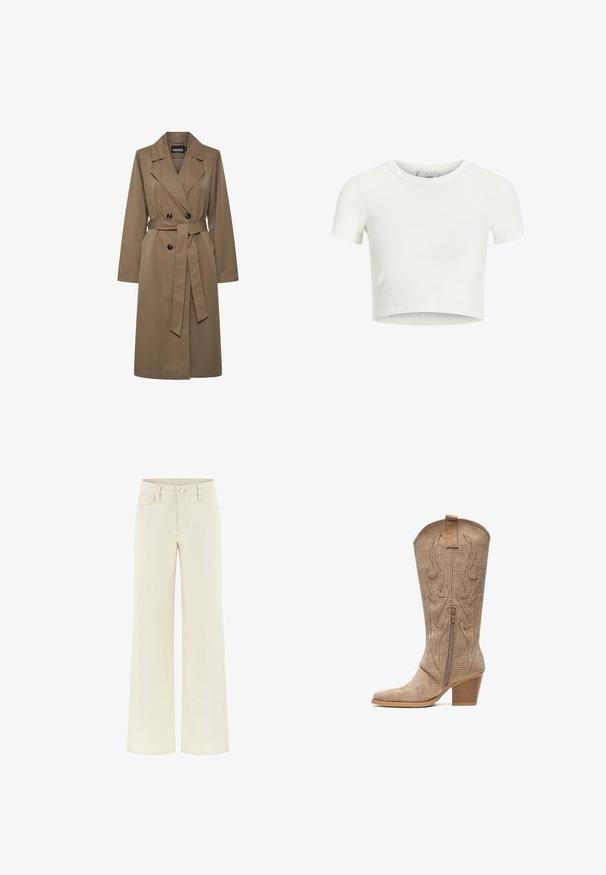 Brun trenchcoat lavet af glat stof, der har en dobbeltradet front med sorte knapper, et bælte i taljen og lange ærmer.; Hvid, cropped t-shirt lavet af ribbet stof. Har en rund halsudskæring og korte ærmer. Glat tekstur med en tætsiddende form.; Cremefarvede jeans med vide ben og høj talje, bæltestropper, forlommer og lukning med knap. Lavet af struktureret denimmateriale.; Elara Cowboy- / bikerstøvler - natur